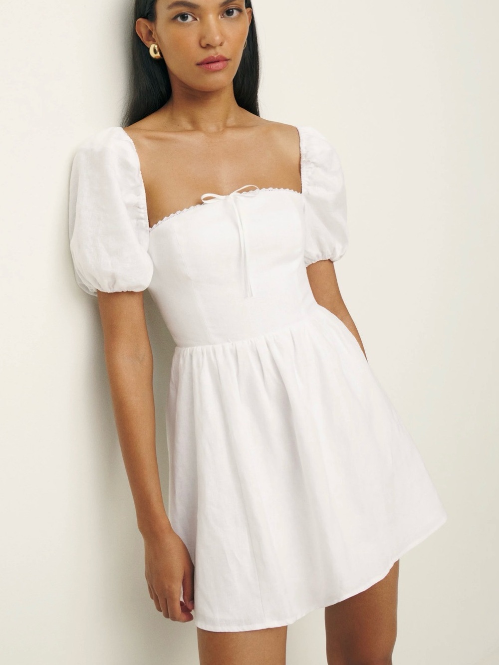 Reformation White Puff-Sleeve Square-Neck Mini Dress
